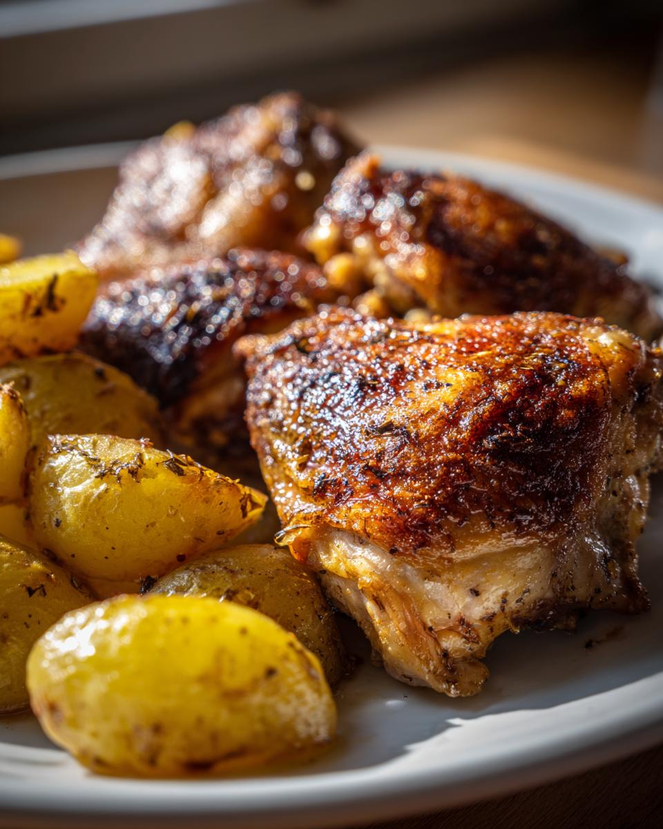 Close-up of crispy, browned greek lemon chicken thighs served with roasted yellow potatoes.