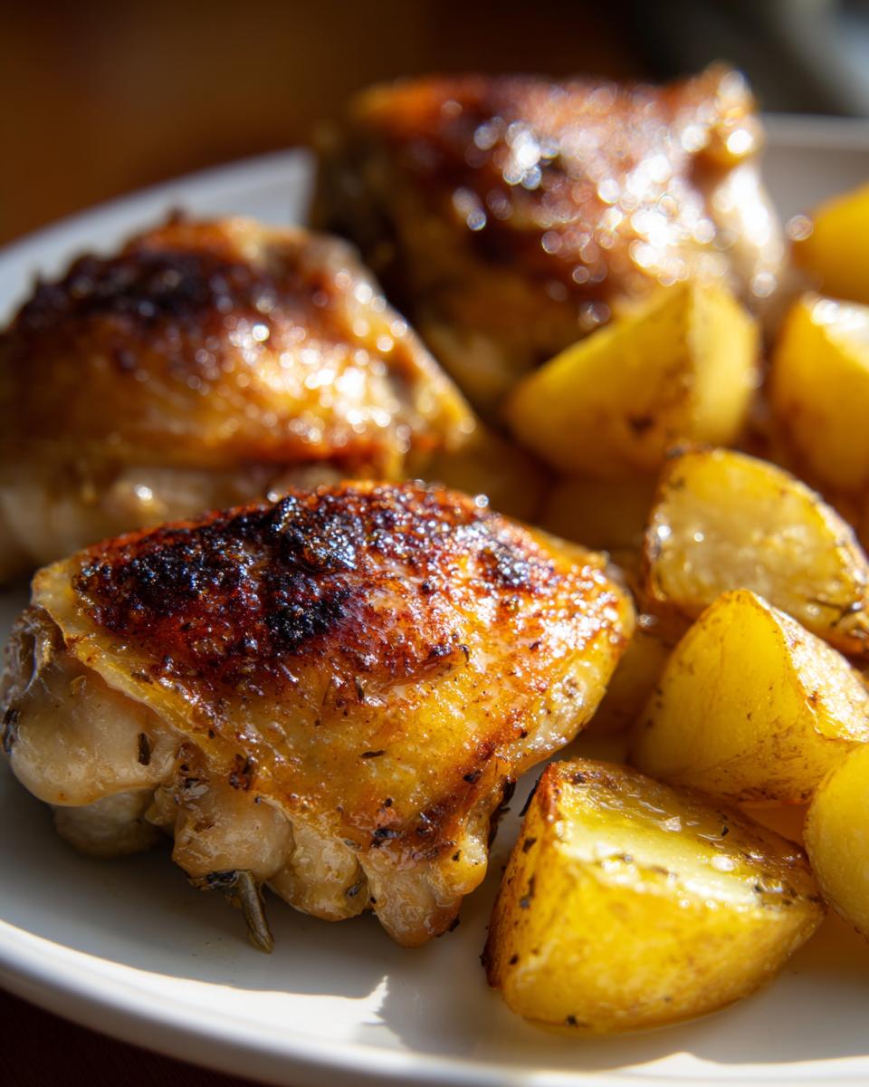 Close-up of crispy, golden-brown greek lemon chicken thighs served alongside roasted lemon potatoes on a white plate.