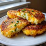 A stack of golden brown, crispy mashed potato cakes filled with melted cheese and topped with fresh chives.