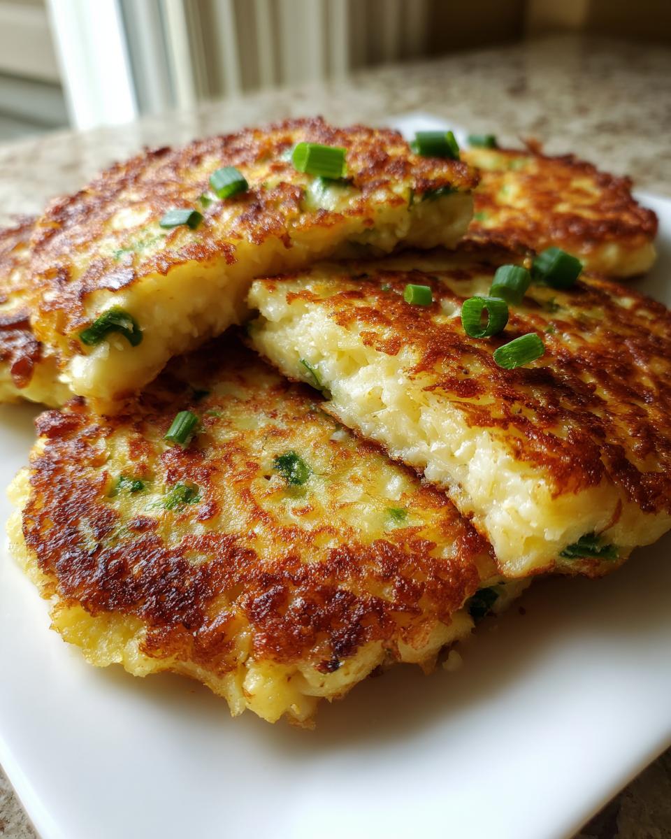 Close-up of crispy, golden brown mashed potato cakes garnished with fresh green chives on a white plate.