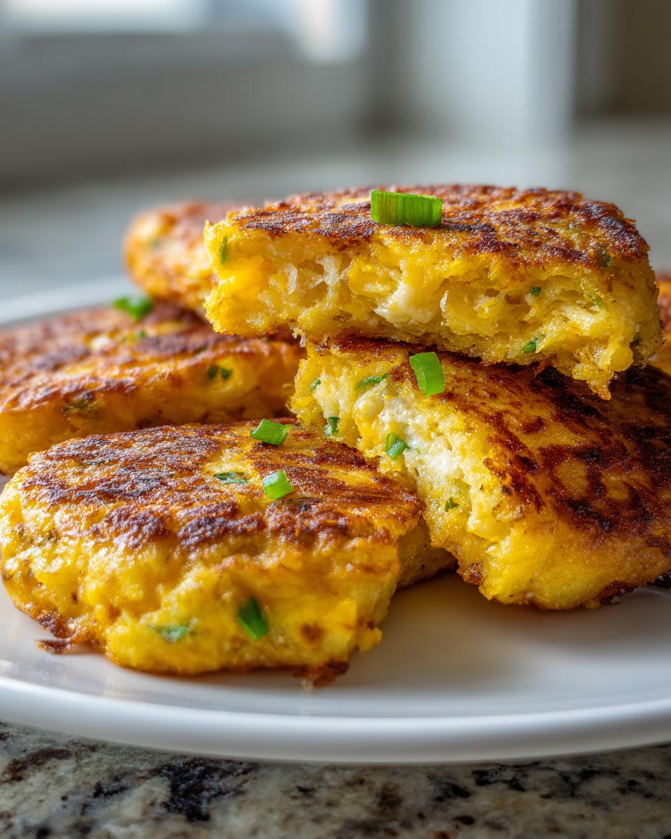 A stack of golden brown, crispy mashed potato cakes, one cut open to show the fluffy interior, garnished with green chives.
