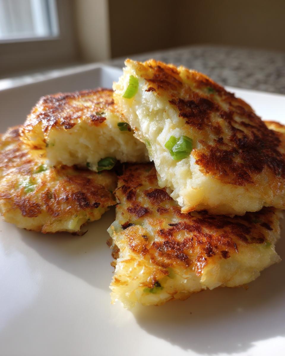 Close-up of golden-brown, crispy mashed potato cakes, one broken open showing fluffy interior and green onions.