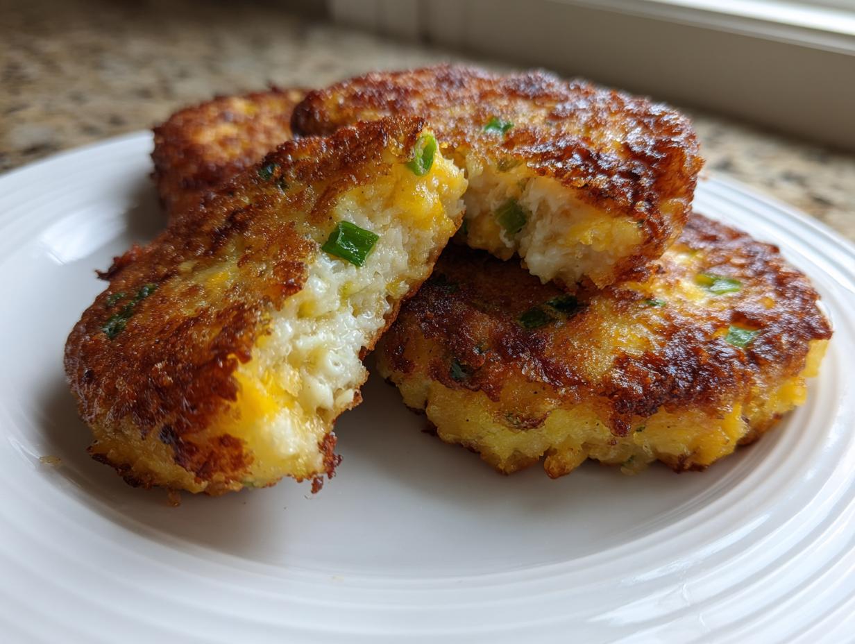 Close-up of three golden-brown, crispy mashed potato cakes, one broken open showing the soft interior and green onions.