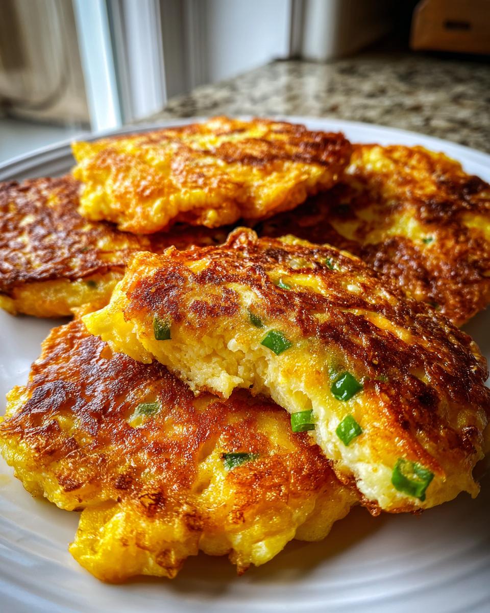 Close-up of several golden brown, crispy mashed potato cakes, one broken open showing green onions inside.