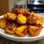 A white bowl filled with golden brown, crispy oven roasted potatoes seasoned with spices.