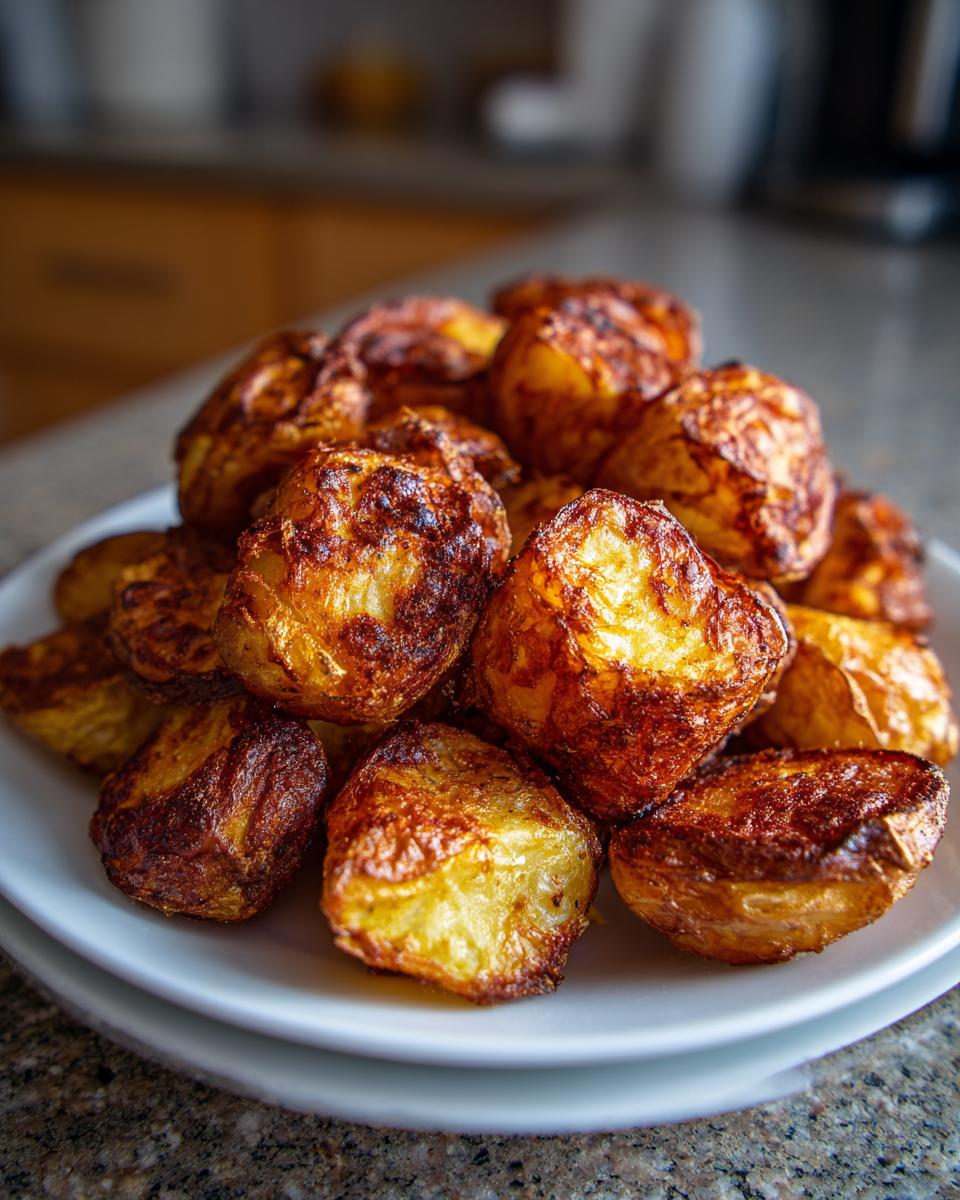 A close-up of a pile of golden brown, crispy oven roasted potatoes stacked on a white plate.