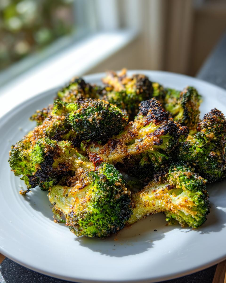 Close-up of perfectly roasted and slightly charred smashed broccoli florets seasoned with spices on a white plate.