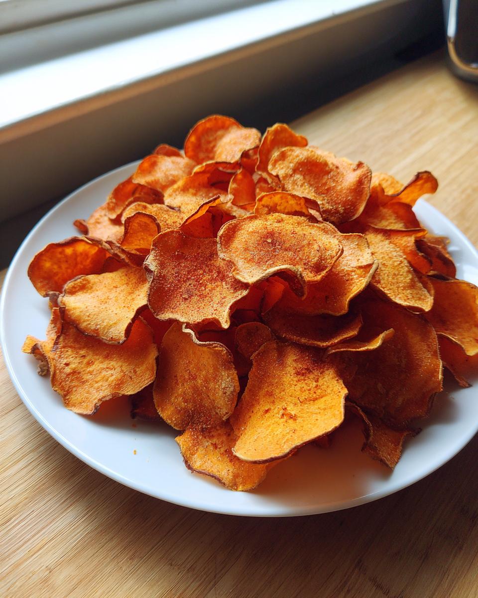 A generous pile of homemade, crispy sweet potato chips seasoned with spices on a white plate.