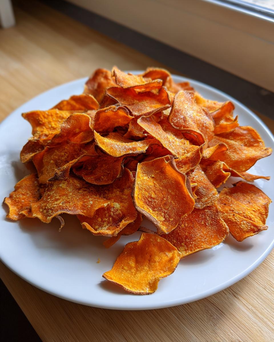 A white plate piled high with freshly made, crispy, orange sweet potato chips on a wooden surface.