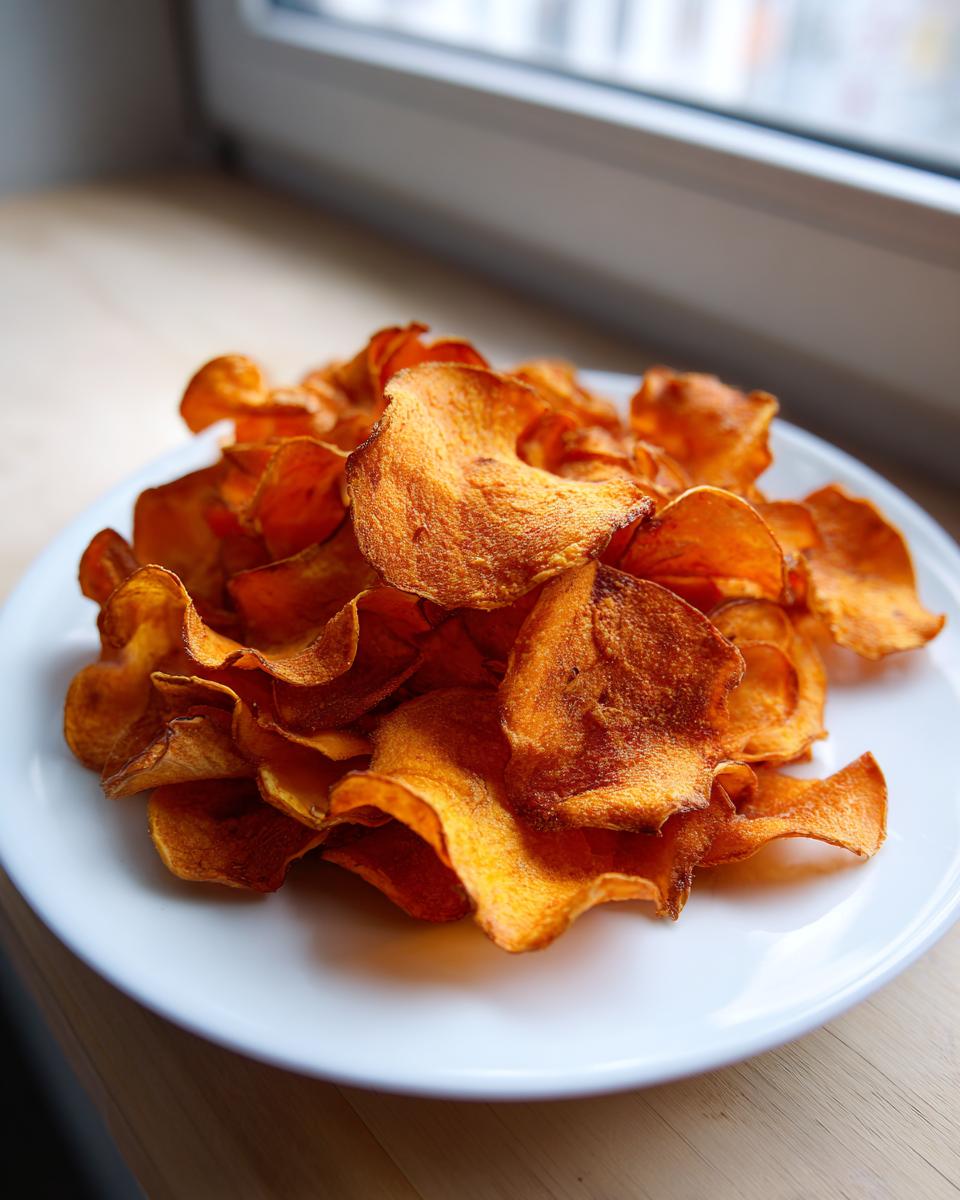 A pile of perfectly crispy, bright orange sweet potato chips served on a white plate near a window.