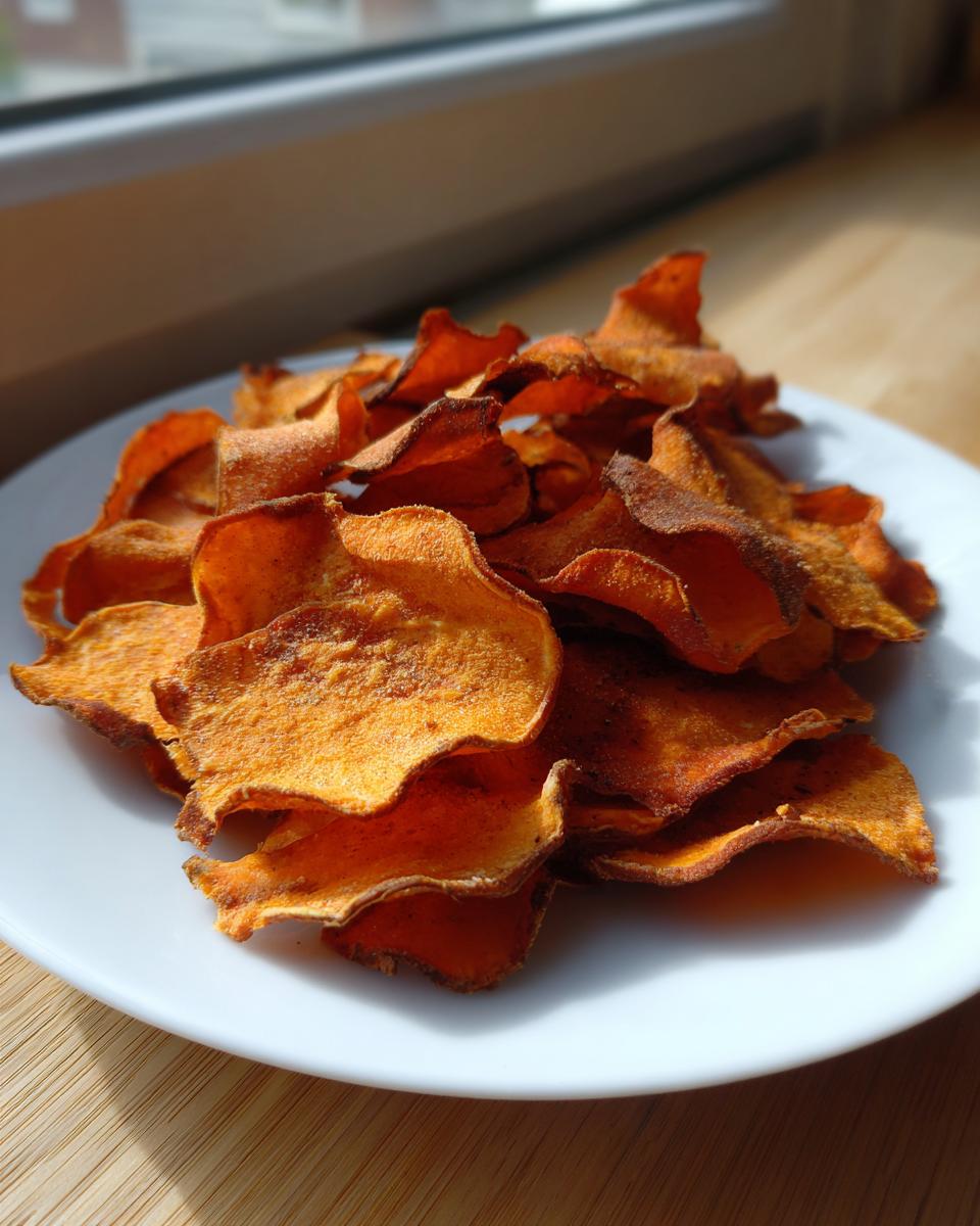 A pile of crispy, orange sweet potato chips seasoned and stacked on a white plate near a window.