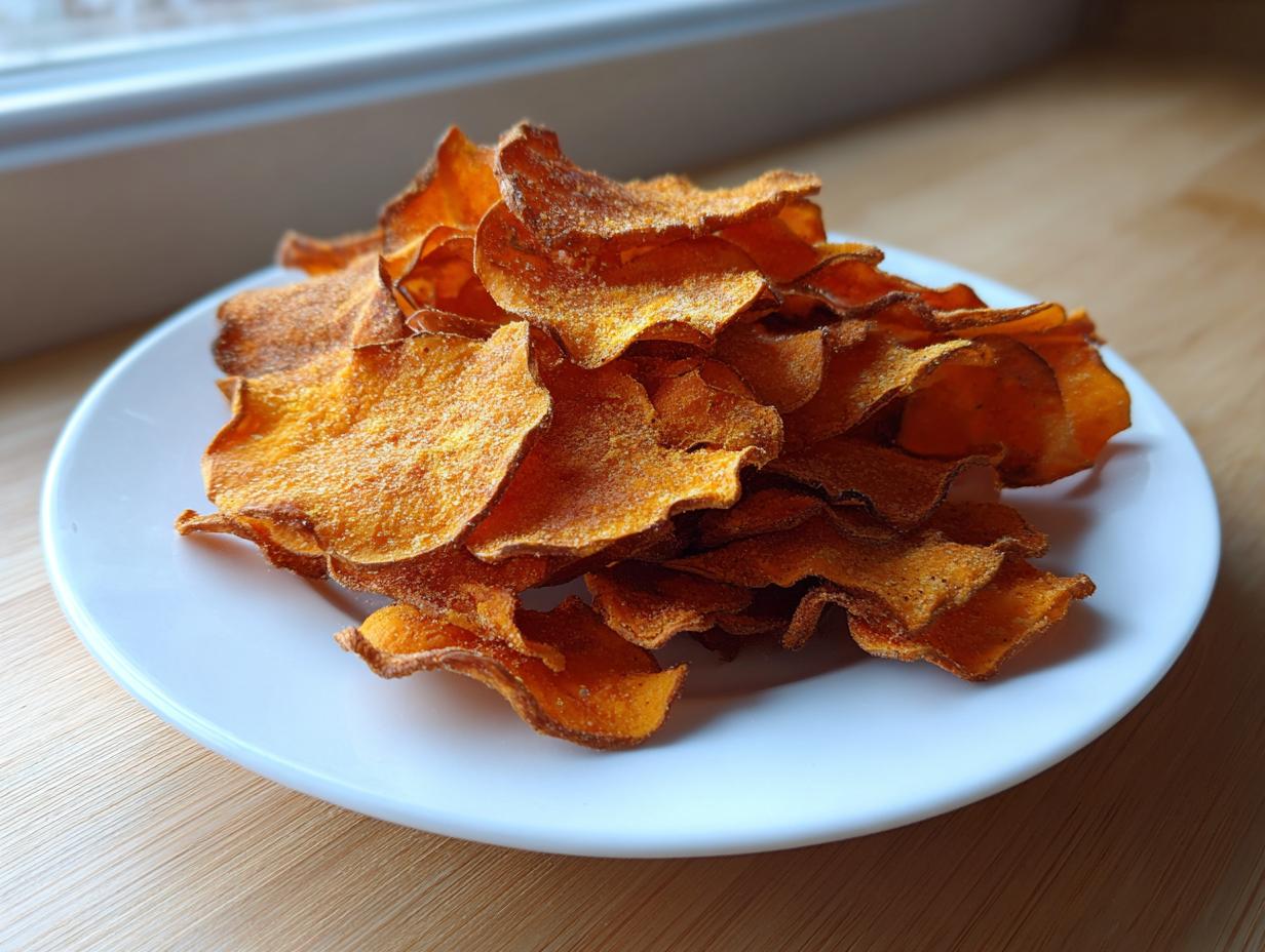 A mound of perfectly crispy, orange sweet potato chips piled high on a small white plate.