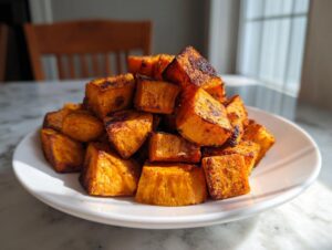 A mound of perfectly roasted, crispy sweet potatoes cubes piled high on a white plate.