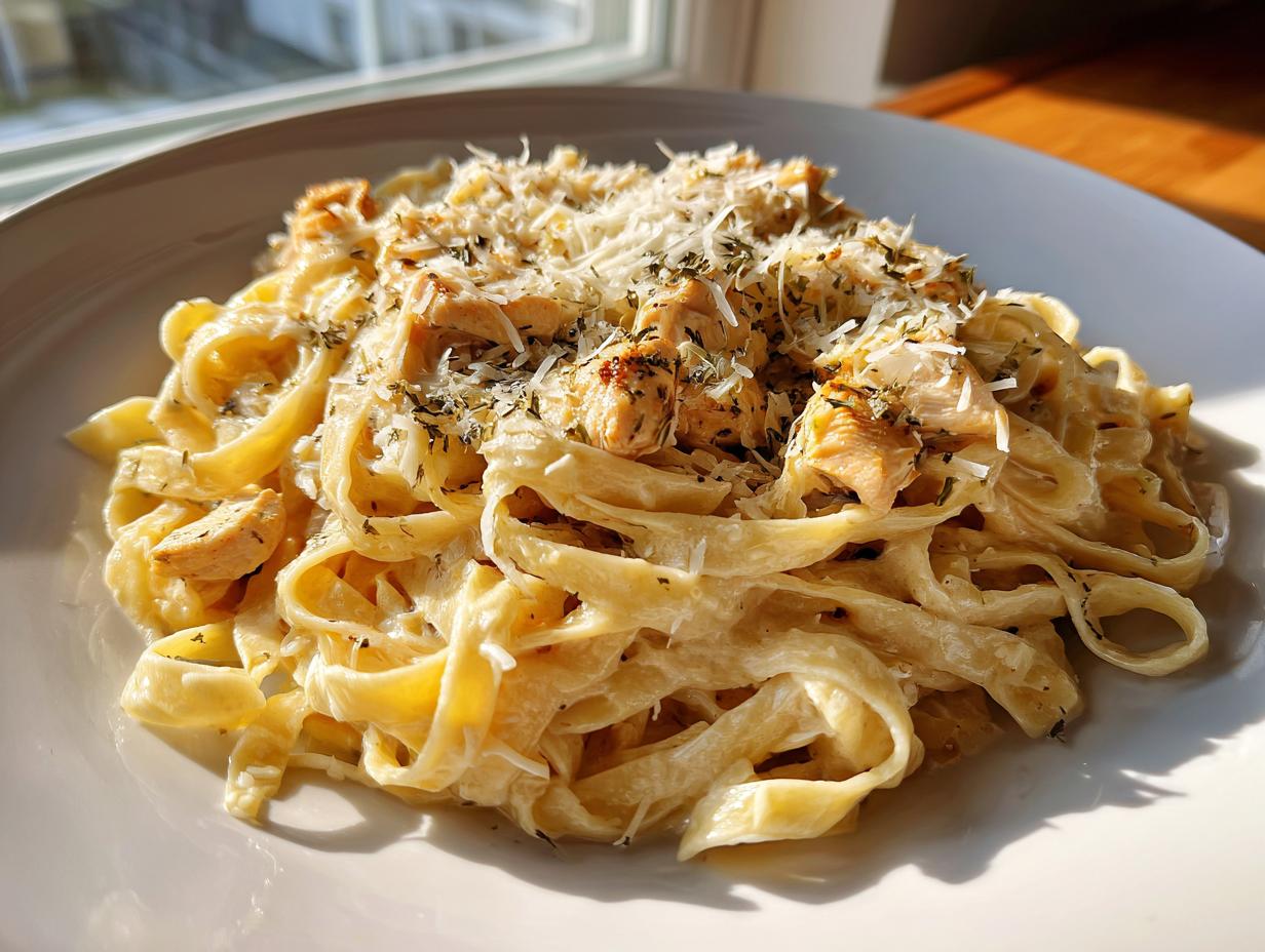 A close-up of creamy crockpot garlic parmesan chicken pasta topped with grated cheese and herbs.