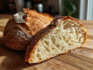 A golden-crusted loaf of homemade italian bread, sliced to show the airy, open crumb structure.