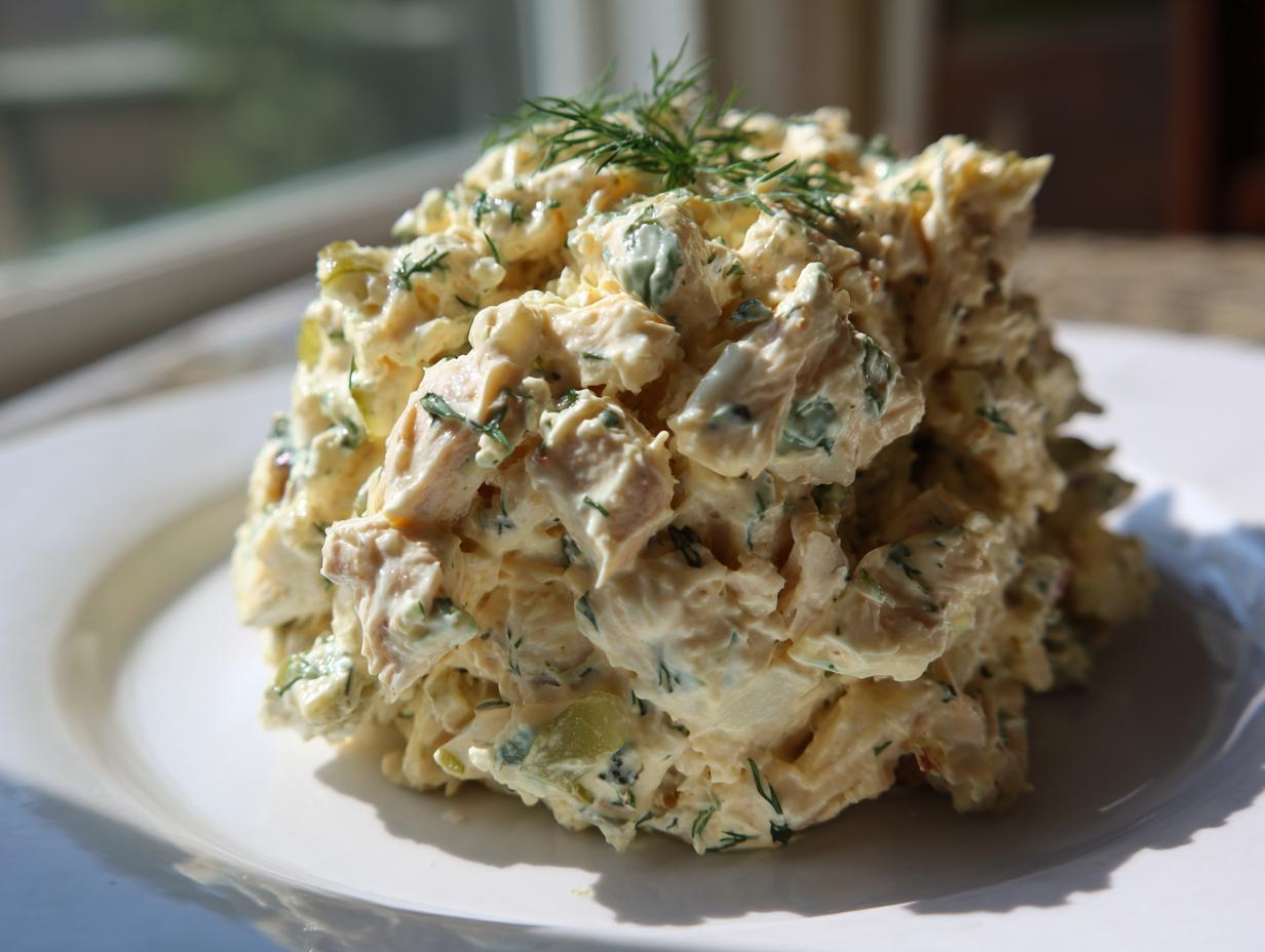 A generous mound of creamy dill pickle chicken salad, garnished with fresh dill, served on a white plate.