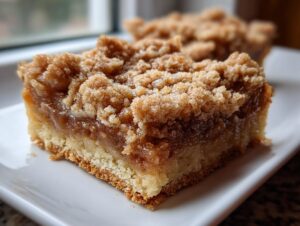 A single serving of moist apple pie bars featuring a buttery crust, rich apple filling, and a thick cinnamon crumble topping.
