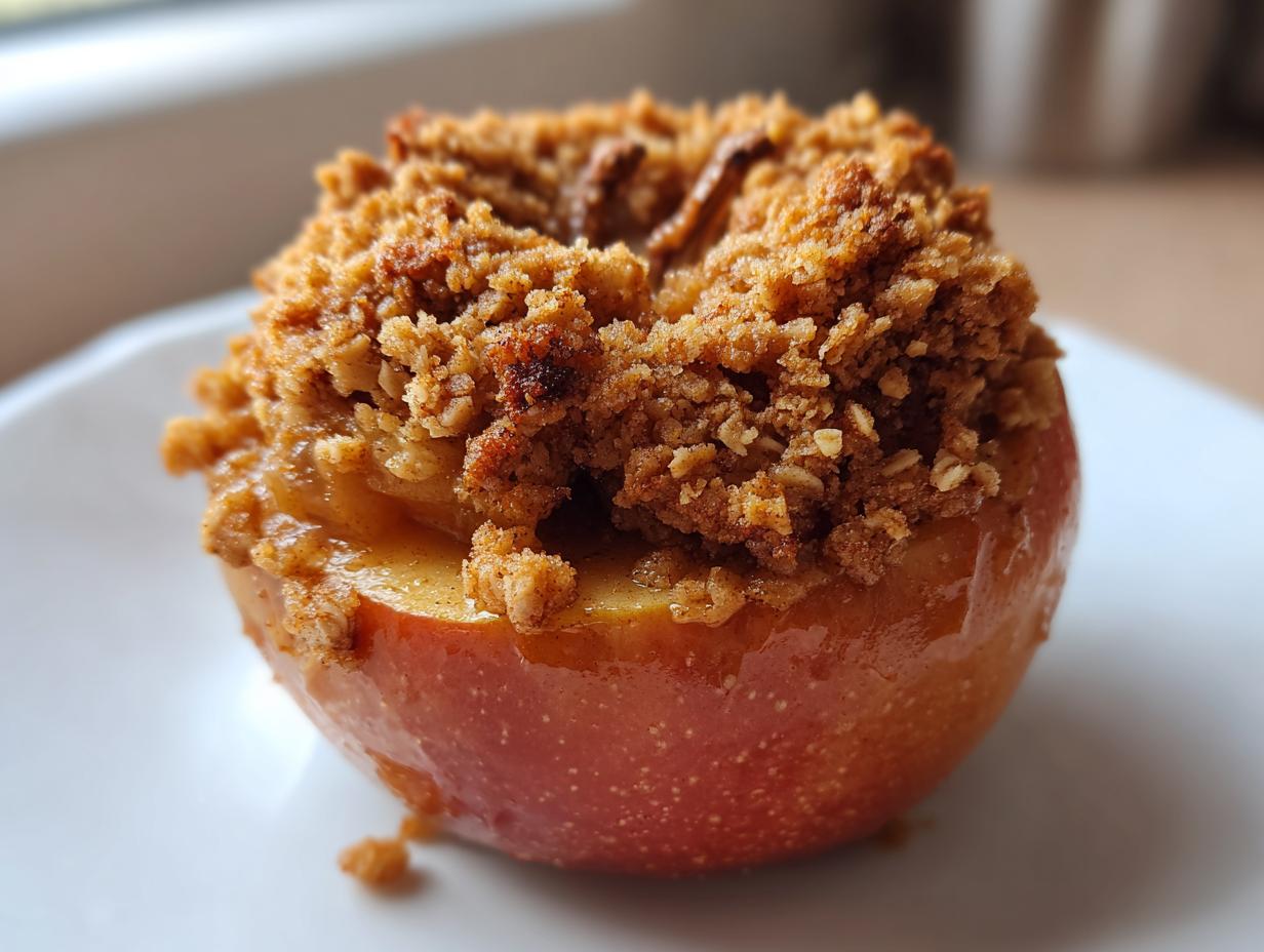 A single, perfectly baked apple topped generously with a golden brown, crunchy oat crumble topping.