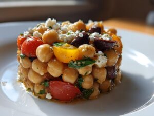 Close-up of a molded mediterranean chickpea salad featuring chickpeas, cherry tomatoes, olives, and feta cheese.