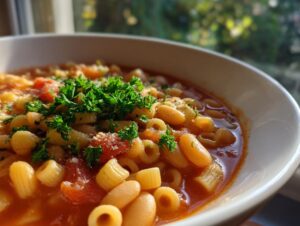 Close-up of a white bowl filled with rich pasta e fagioli soup, featuring small pasta, white beans, and fresh parsley.