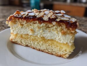 A perfect slice of bee sting cake showing layers of sponge, cream filling, custard, and a crunchy caramelized almond topping.