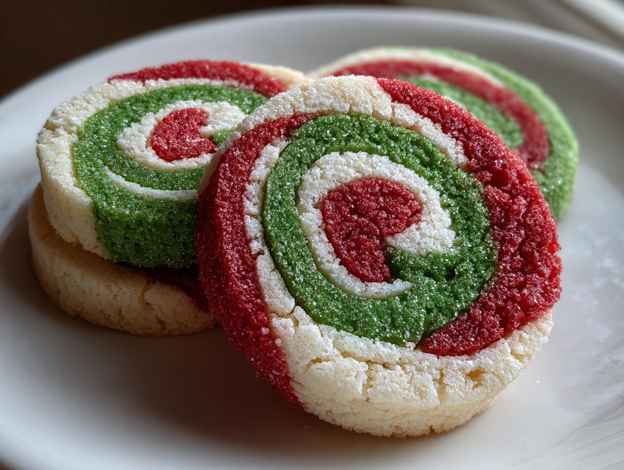 Three colorful pinwheel cookies showing red, green, and white swirls, coated in sparkling sugar.