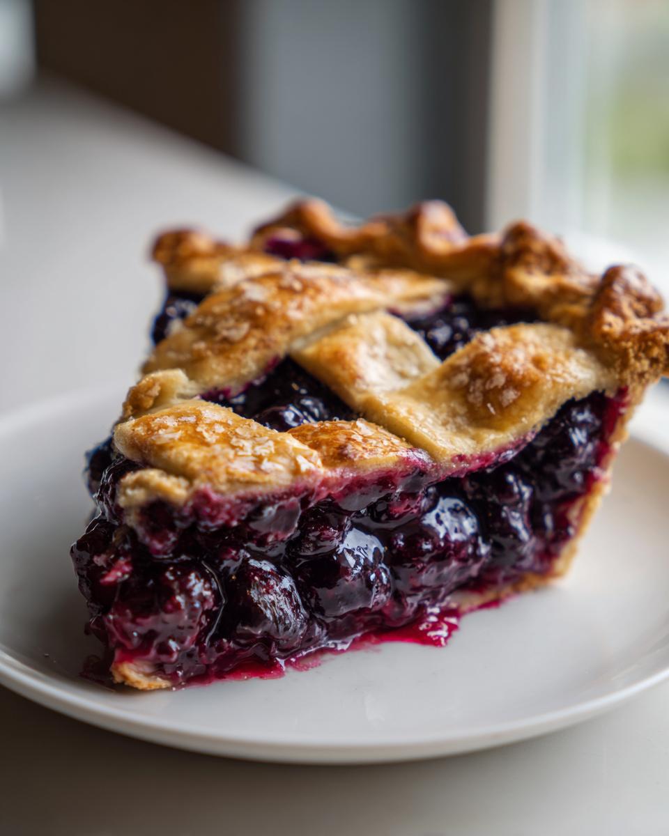 A close-up of a thick slice of blackberry pie showing juicy filling and a golden, flaky lattice crust.