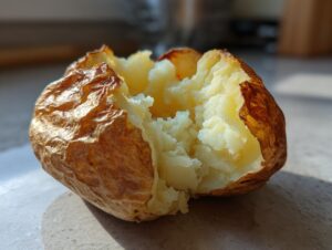 Close-up of a perfectly cooked air fryer baked potato, split open to show fluffy, light interior.