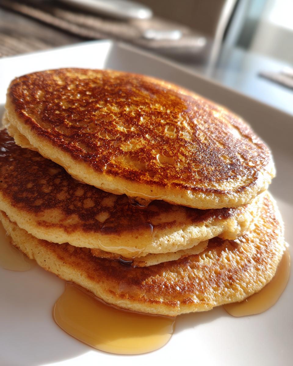 A close-up of a stack of three golden-brown almond flour pancakes drizzled with maple syrup on a white plate.