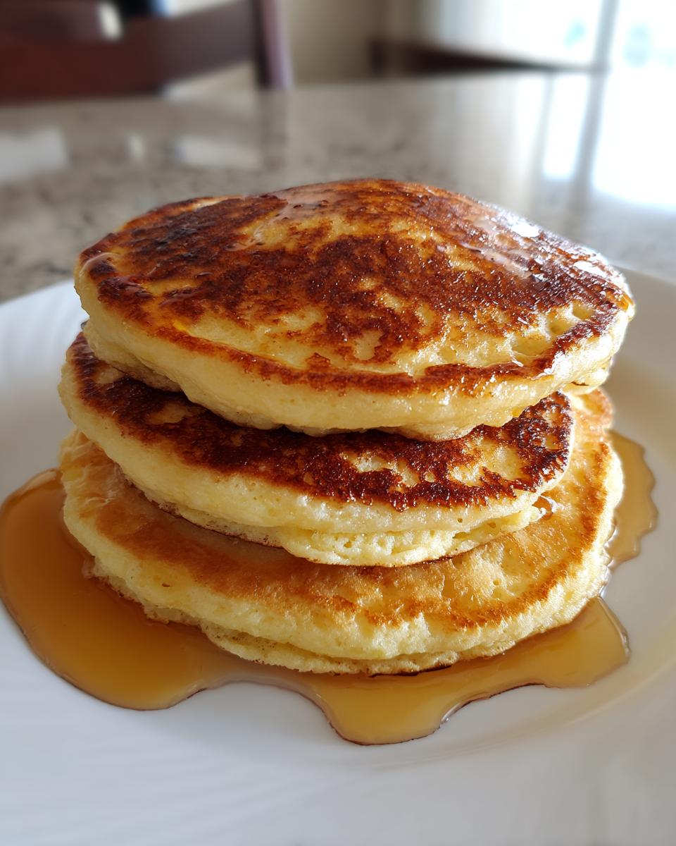 A stack of three fluffy almond flour pancakes drizzled with syrup pooling on a white plate.