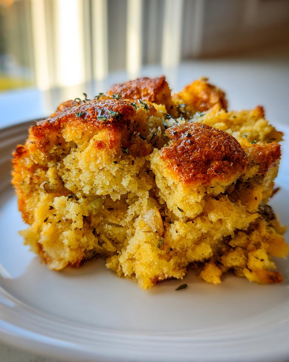 A close-up shot of a serving of fluffy, golden cornbread stuffing sprinkled with herbs on a white plate.