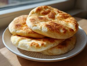 A stack of four golden-brown, fluffy pita bread rounds resting on a white plate near a sunlit window.