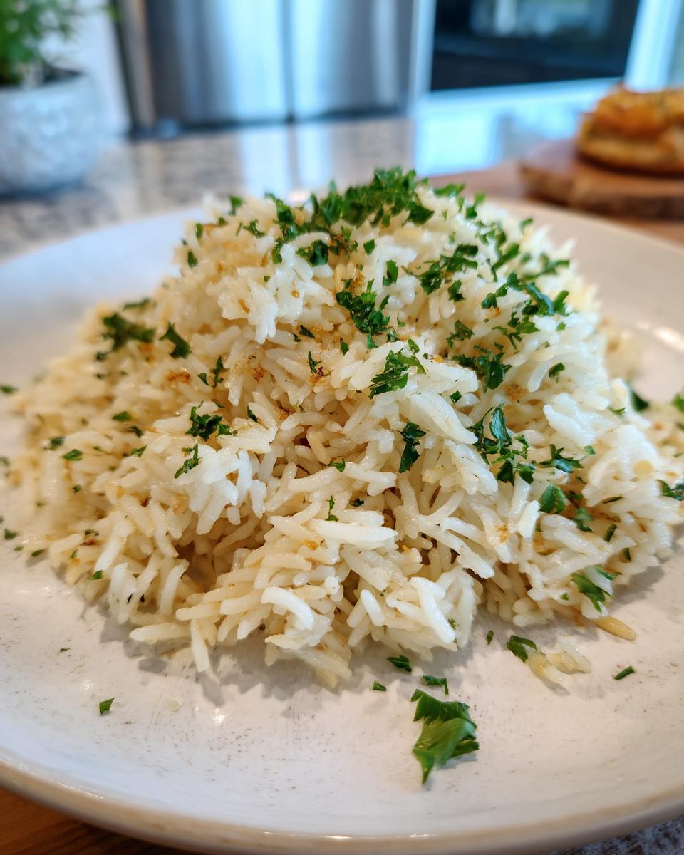 A close-up of a mound of fluffy, perfectly cooked rice pilaf recipe garnished generously with chopped fresh parsley.