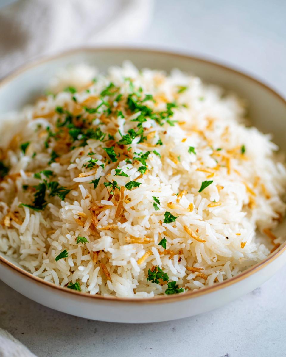 Close-up of a bowl filled with fluffy white rice pilaf recipe, garnished with toasted vermicelli and fresh parsley.