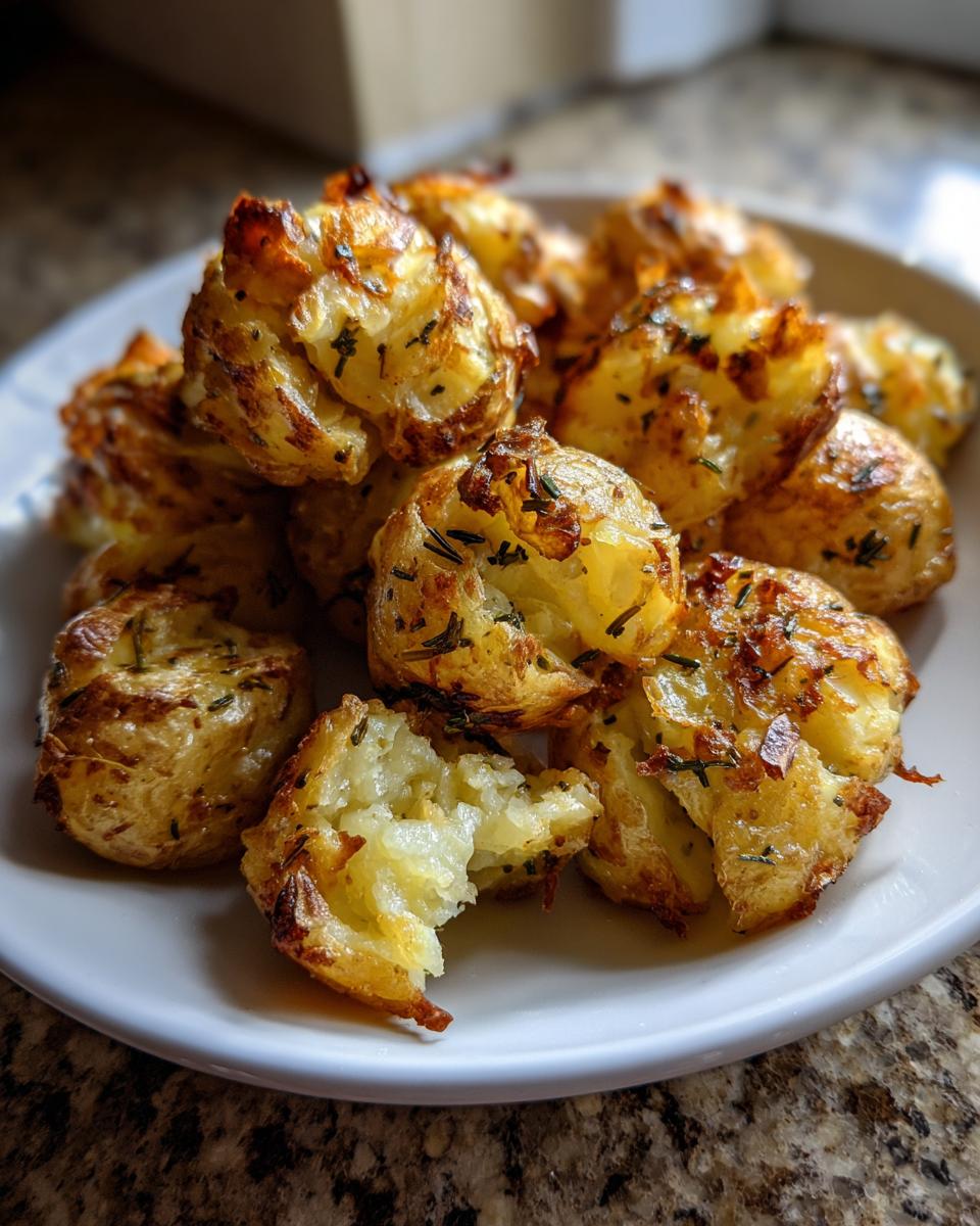 Close-up of golden, fluffy roasted potatoes seasoned with herbs on a white plate.