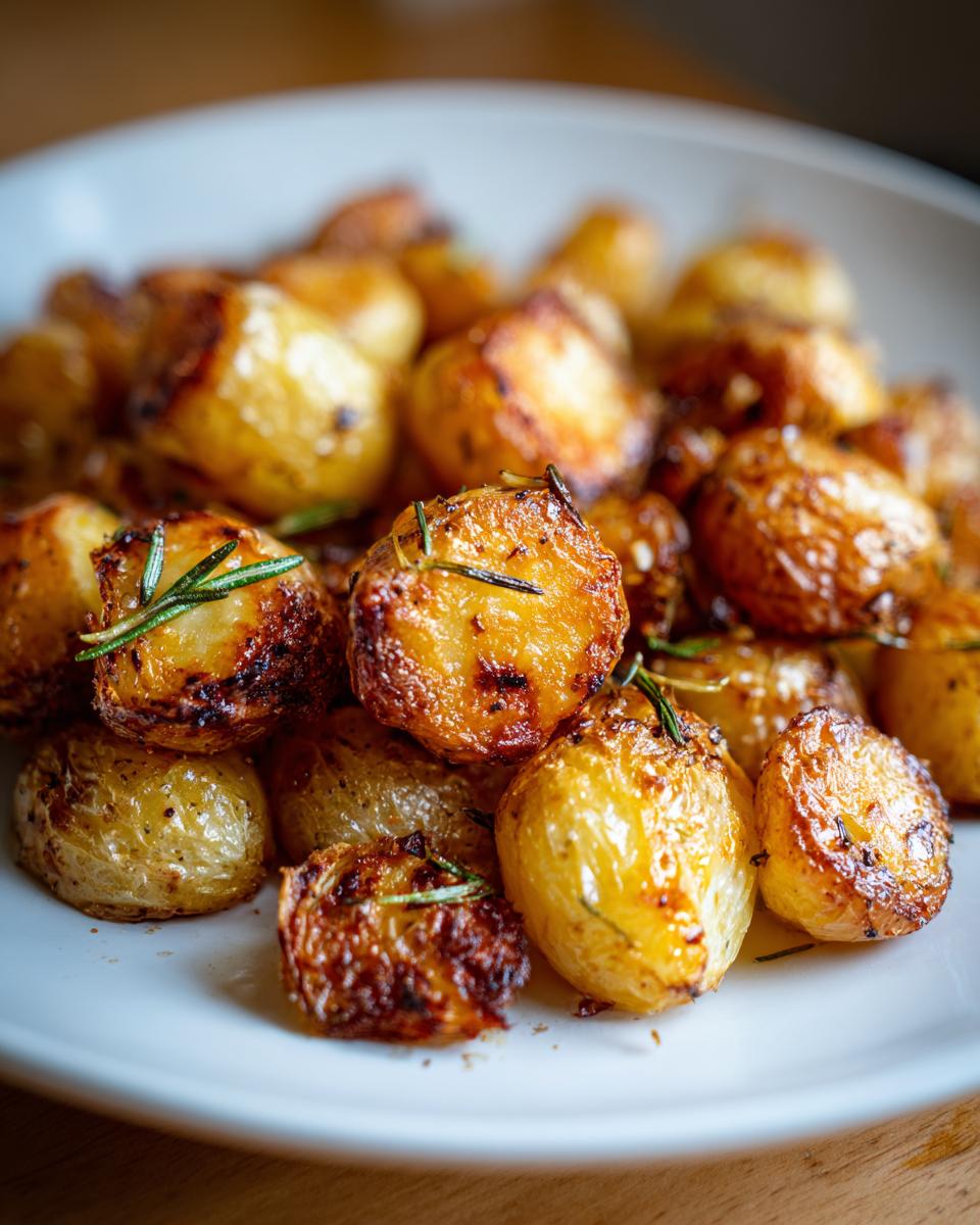 Close-up of golden brown, fluffy roasted potatoes seasoned with rosemary on a white plate.