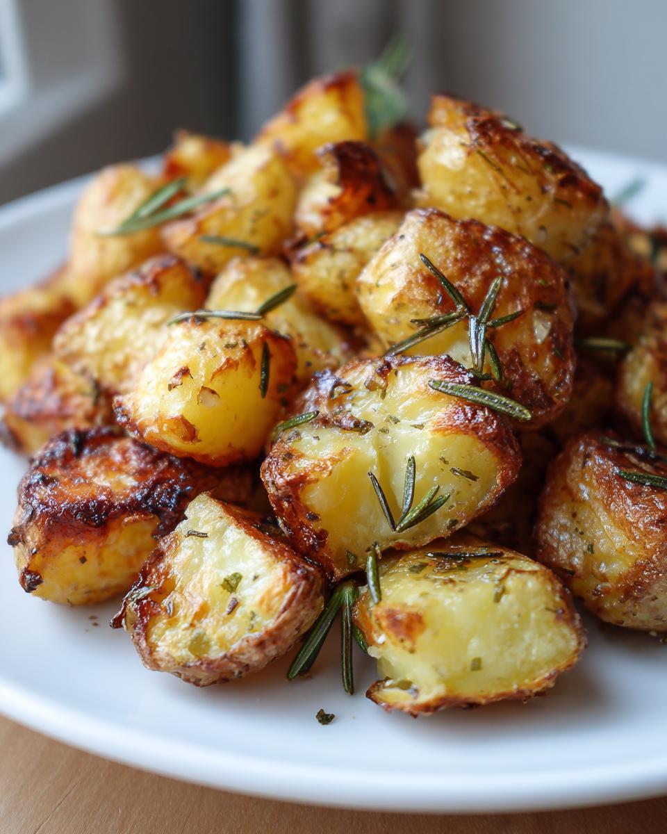 Close-up of perfectly golden and fluffy roasted potatoes seasoned with herbs and fresh rosemary sprigs.