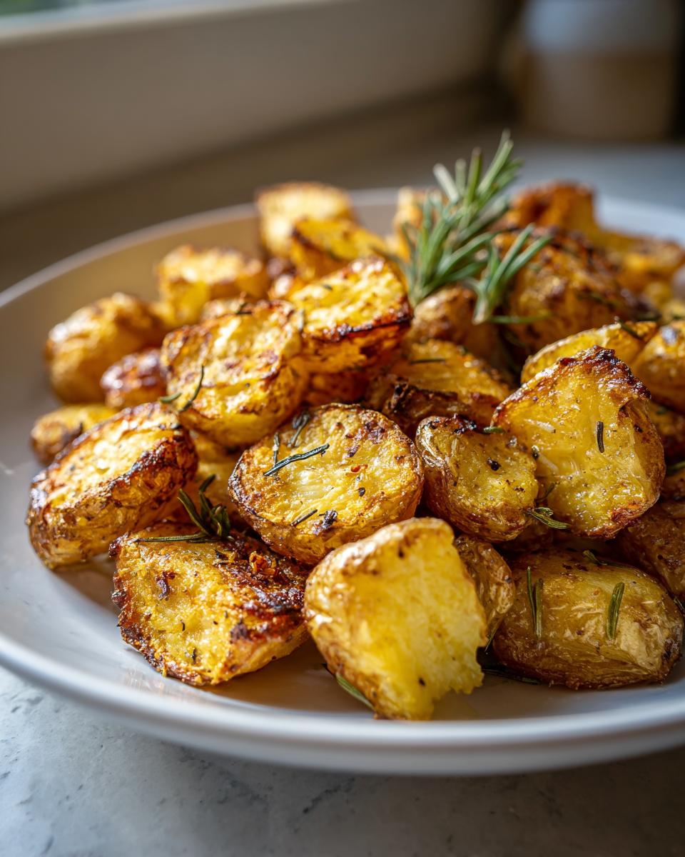 Close-up of golden brown, fluffy roasted potatoes seasoned with rosemary on a white plate.