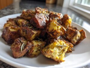 A pile of perfectly fluffy roasted potatoes with crispy, golden-brown exteriors and visible rosemary pieces.