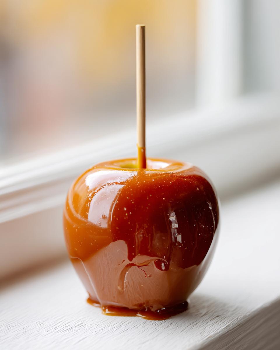 A single, glossy caramel apple with a wooden stick inserted, sitting on a white surface near a window.