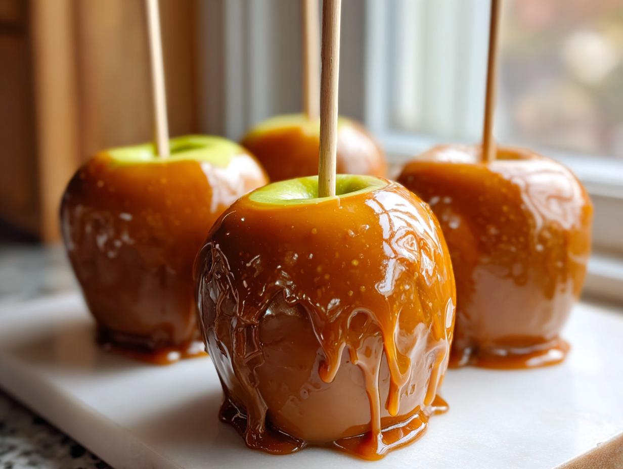 Four glossy caramel apple treats with sticks inserted, resting on a white surface near a window.