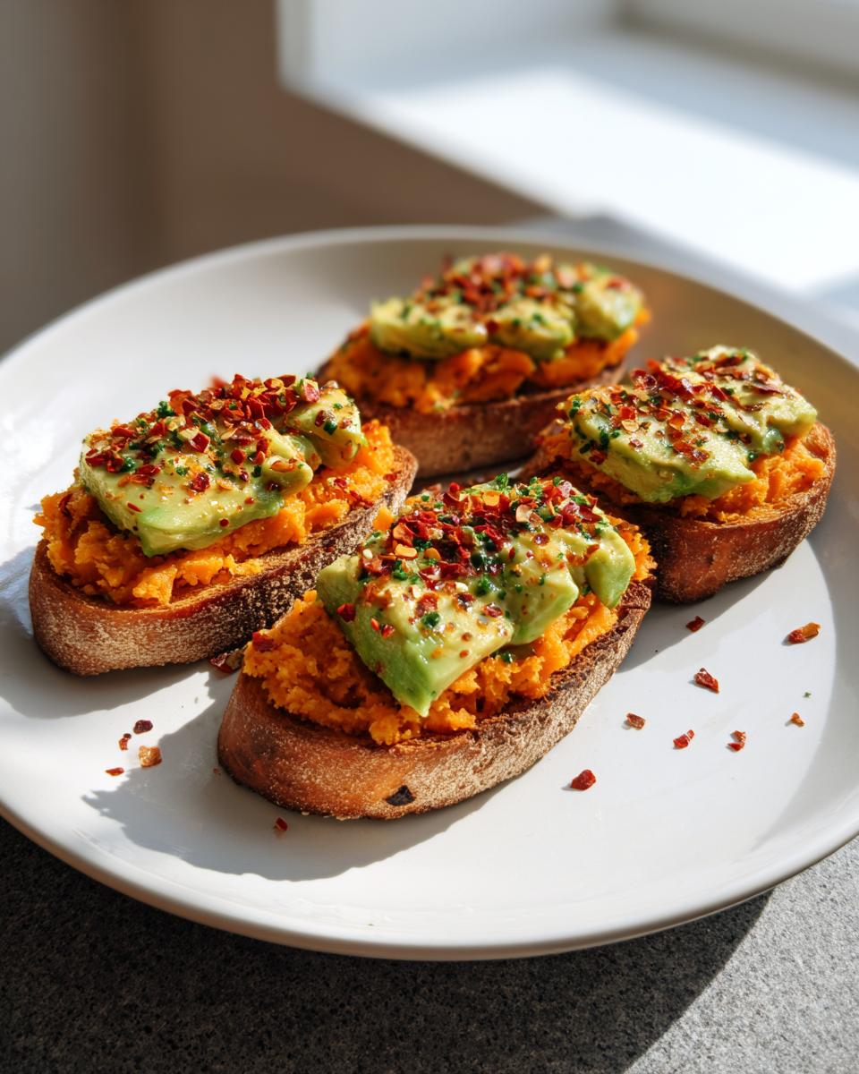 Four slices of sweet potato toast topped with mashed sweet potato, avocado, and chili flakes on a white plate.