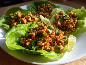 Four servings of thai chicken lettuce wraps filled with seasoned ground chicken and topped with fresh cilantro.