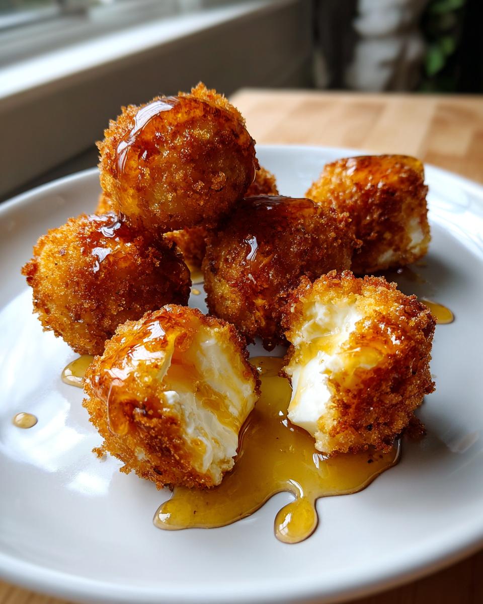 Close-up of crispy, golden fried goat cheese balls drizzled generously with honey on a white plate.
