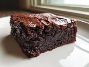 Close-up of a rich, fudgy square of date brownies with a shiny, cracked top, resting on a white plate.