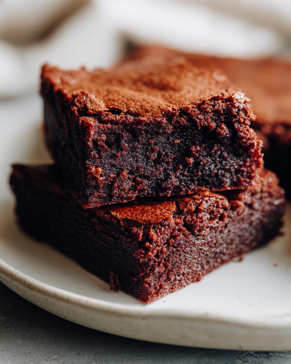 Close-up of two fudgy date brownies stacked on a white plate, dusted lightly with cocoa powder.