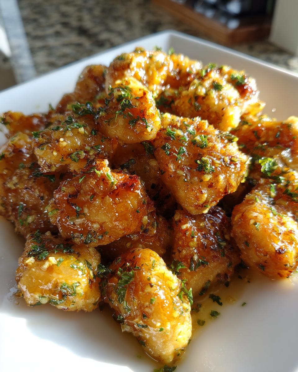 A close-up of golden brown, glazed chicken bites tossed in garlic butter sauce and sprinkled with fresh parsley.