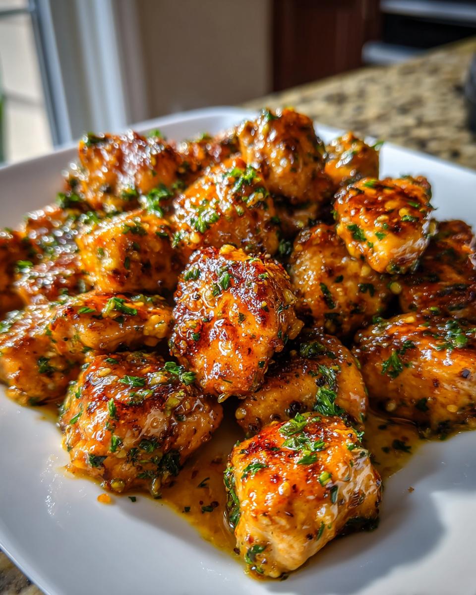 Close-up of glistening, golden-brown garlic butter chicken bites topped with fresh parsley.