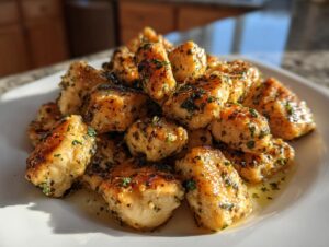 A close-up of golden brown garlic butter chicken bites seasoned with parsley, glistening in butter sauce.