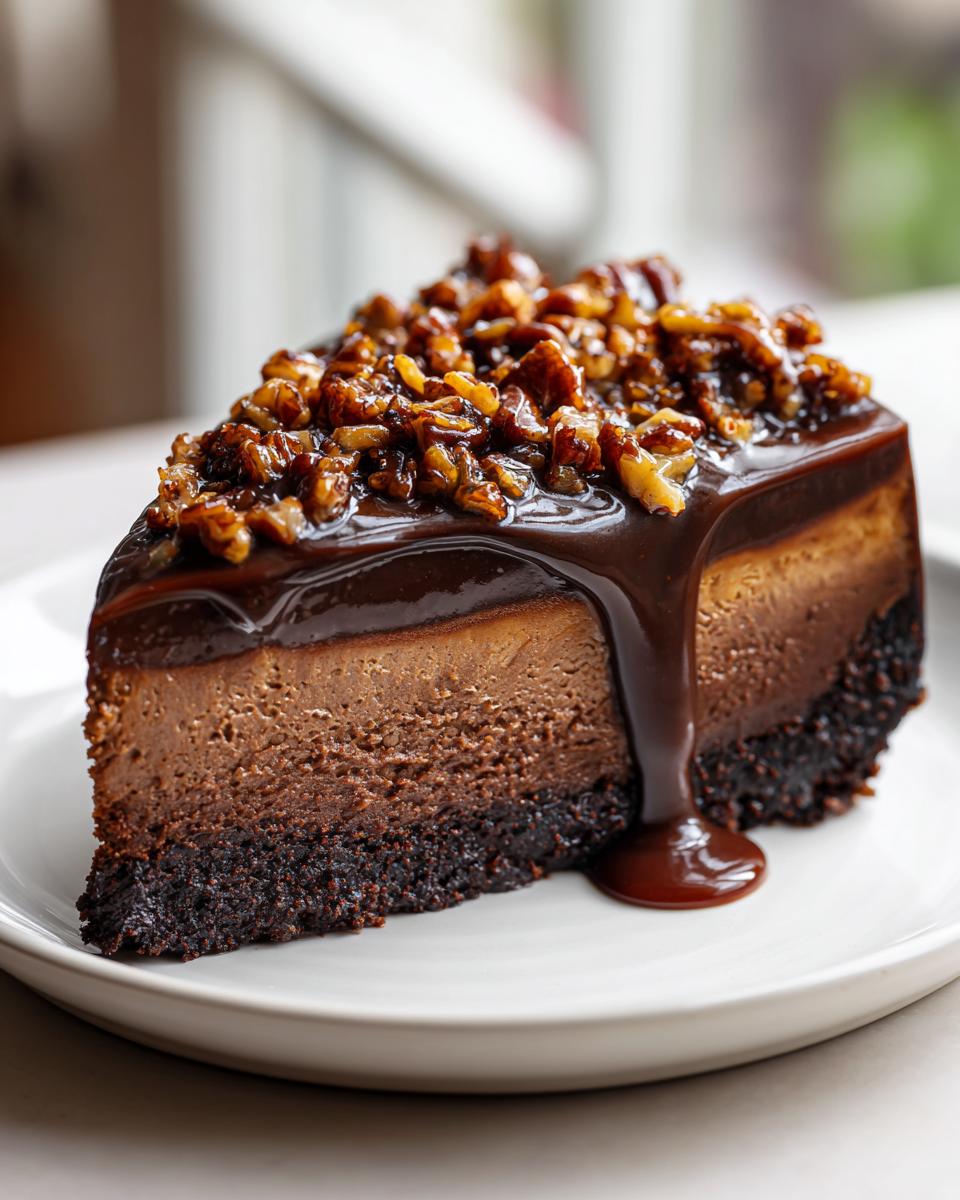A decadent slice of german chocolate cheesecake topped with thick chocolate ganache and candied pecans.